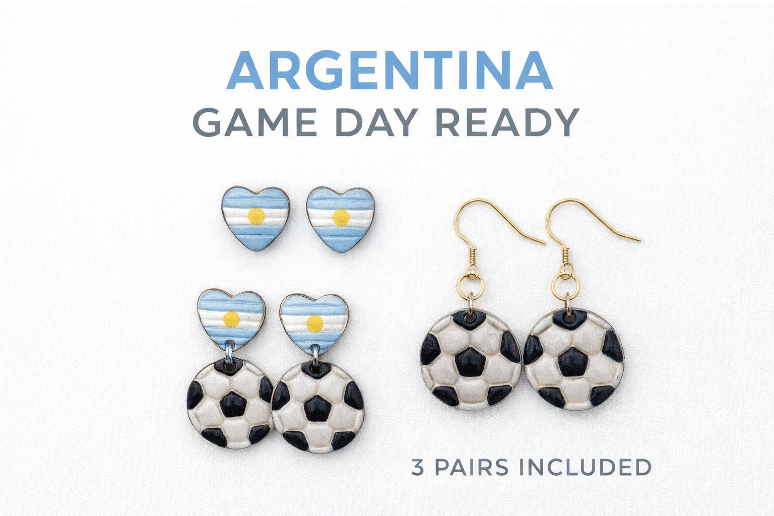 Argentina Earrings Set, 3 Pair Soccer Earrings Bundle, Game Day Earrings, Argentina Fan Jewelry, Football Earrings Set, Futbol Accessoriesy