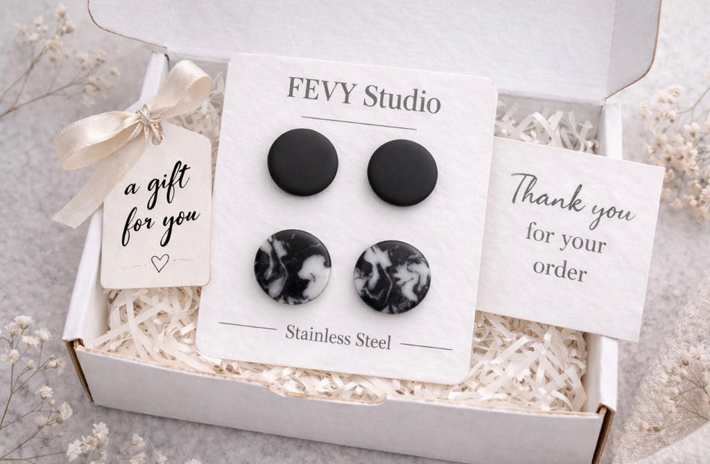 Black Stud Earrings Set, Marble Black White Earrings, Minimalist Jewelry Set, Stainless Steel Studs, Modern Gift for Her
