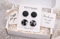 Black Stud Earrings Set, Marble Black White Earrings, Minimalist Jewelry Set, Stainless Steel Studs, Modern Gift for Her