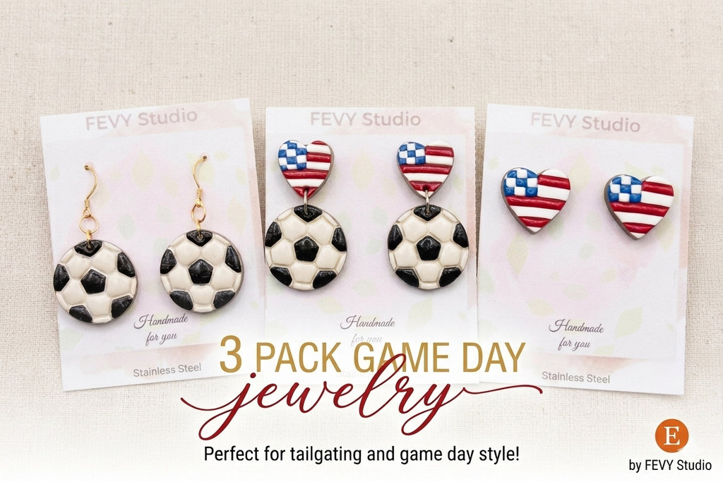 Game Day Earrings Set, Soccer Earrings, USA Flag Heart Studs, Soccer Ball Dangles, 3 Pack Earrings, Sports Jewelry, Football Fan Gift
