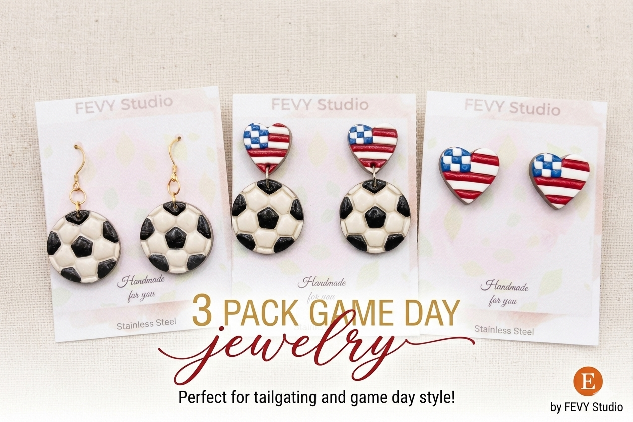 Game Day Earrings Set, Soccer Earrings, USA Flag Heart Studs, Soccer Ball Dangles, 3 Pack Earrings, Sports Jewelry, Football Fan Gift