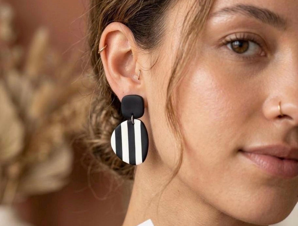 Black White Striped Polymer Clay Earrings | Modern Minimalist Dangle Earrings | Lightweight Statement Jewelry | Stainless Steel Posts | Gift