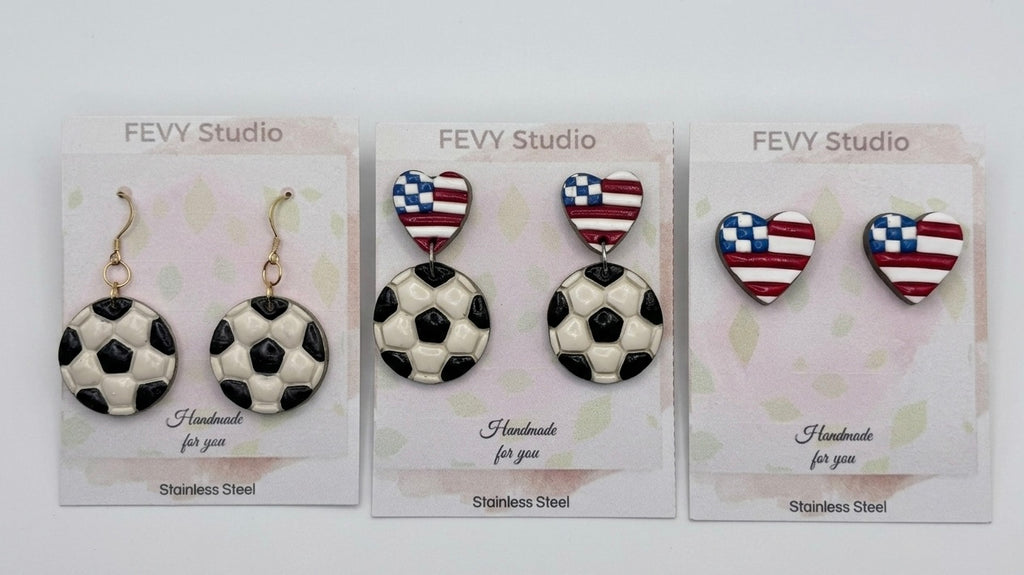 Game Day Earrings Set, Soccer Earrings, USA Flag Heart Studs, Soccer Ball Dangles, 3 Pack Earrings, Sports Jewelry, Football Fan Gift