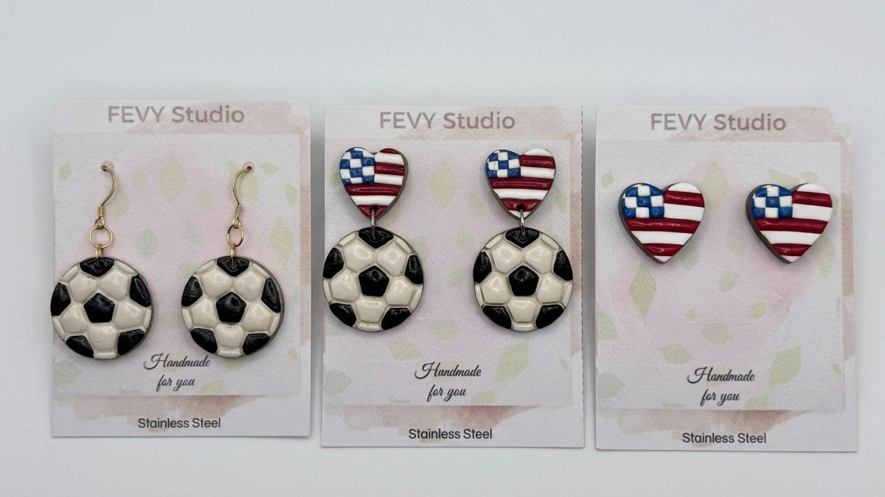 Game Day Earrings Set, Soccer Earrings, USA Flag Heart Studs, Soccer Ball Dangles, 3 Pack Earrings, Sports Jewelry, Football Fan Gift