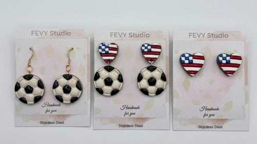 Game Day Earrings Set, Soccer Earrings, USA Flag Heart Studs, Soccer Ball Dangles, 3 Pack Earrings, Sports Jewelry, Football Fan Gift