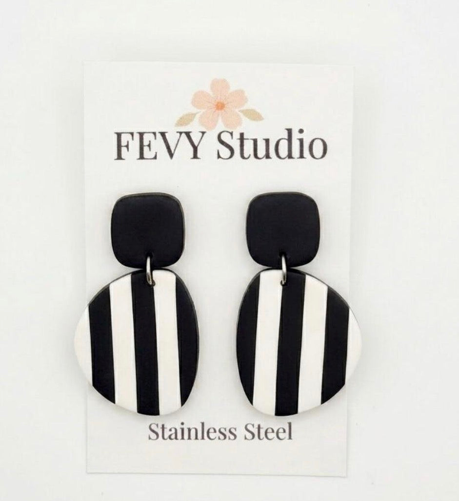 Black White Striped Polymer Clay Earrings | Modern Minimalist Dangle Earrings | Lightweight Statement Jewelry | Stainless Steel Posts | Gift