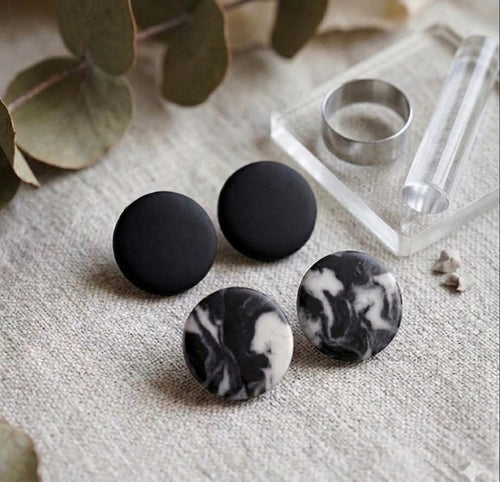 Black Stud Earrings Set, Marble Black White Earrings, Minimalist Jewelry Set, Stainless Steel Studs, Modern Gift for Her