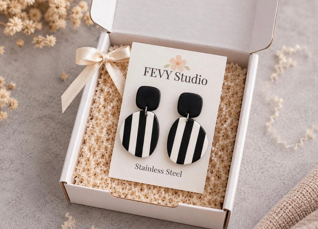 Black White Striped Polymer Clay Earrings | Modern Minimalist Dangle Earrings | Lightweight Statement Jewelry | Stainless Steel Posts | Gift