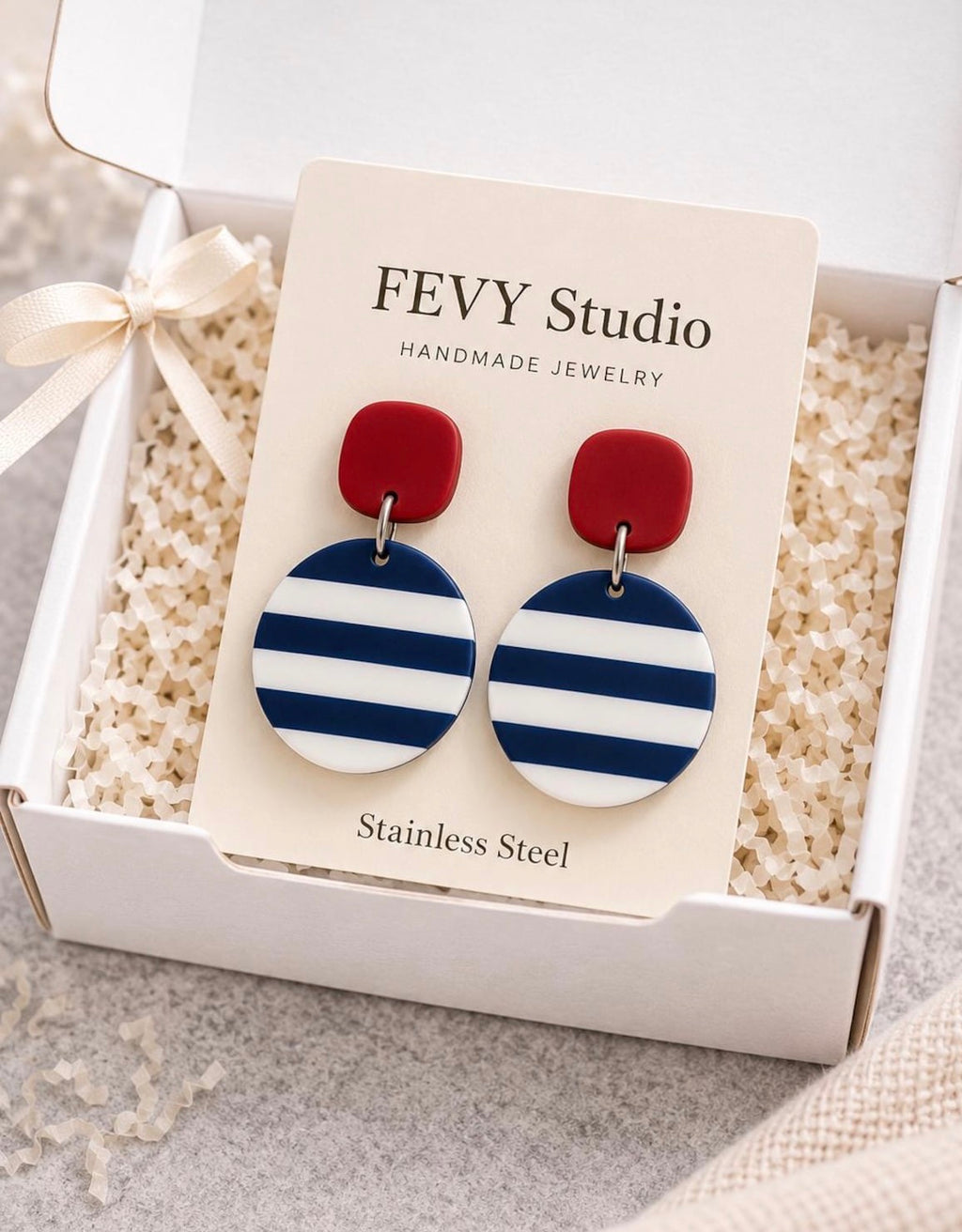 Nautical Navy Blue Striped Polymer Clay Earrings, Coastal Statement Jewelry