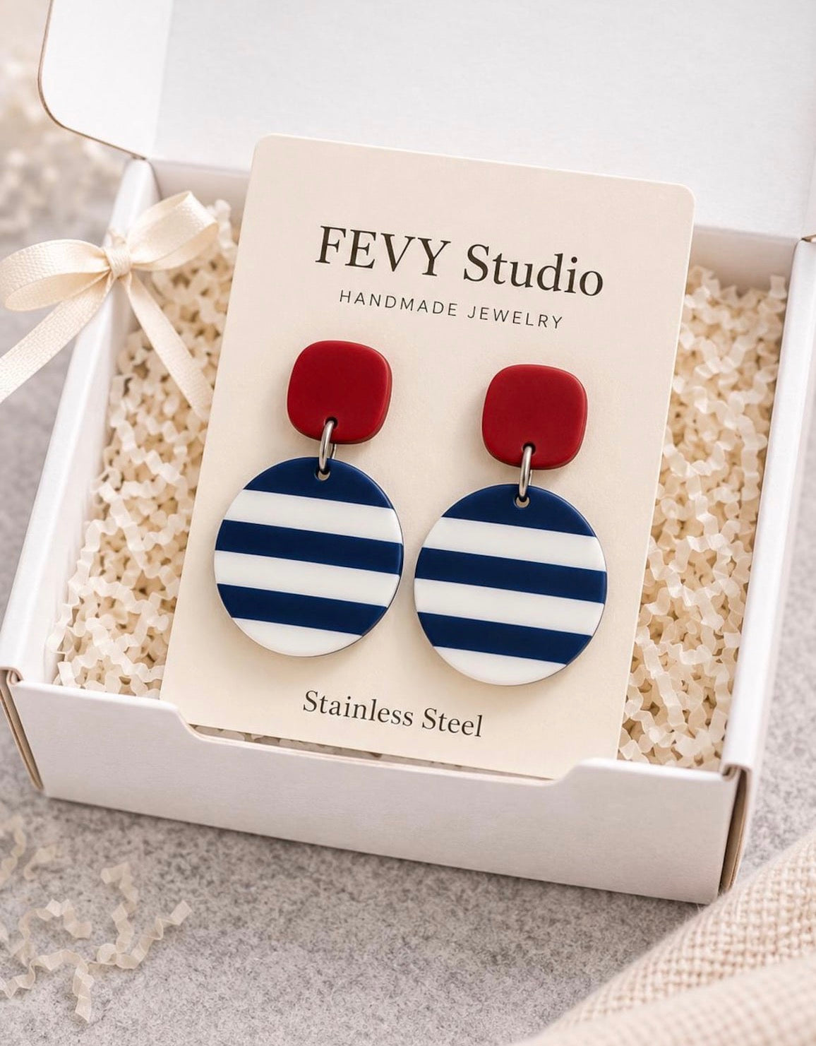 Nautical Navy Blue Striped Polymer Clay Earrings, Coastal Statement Jewelry