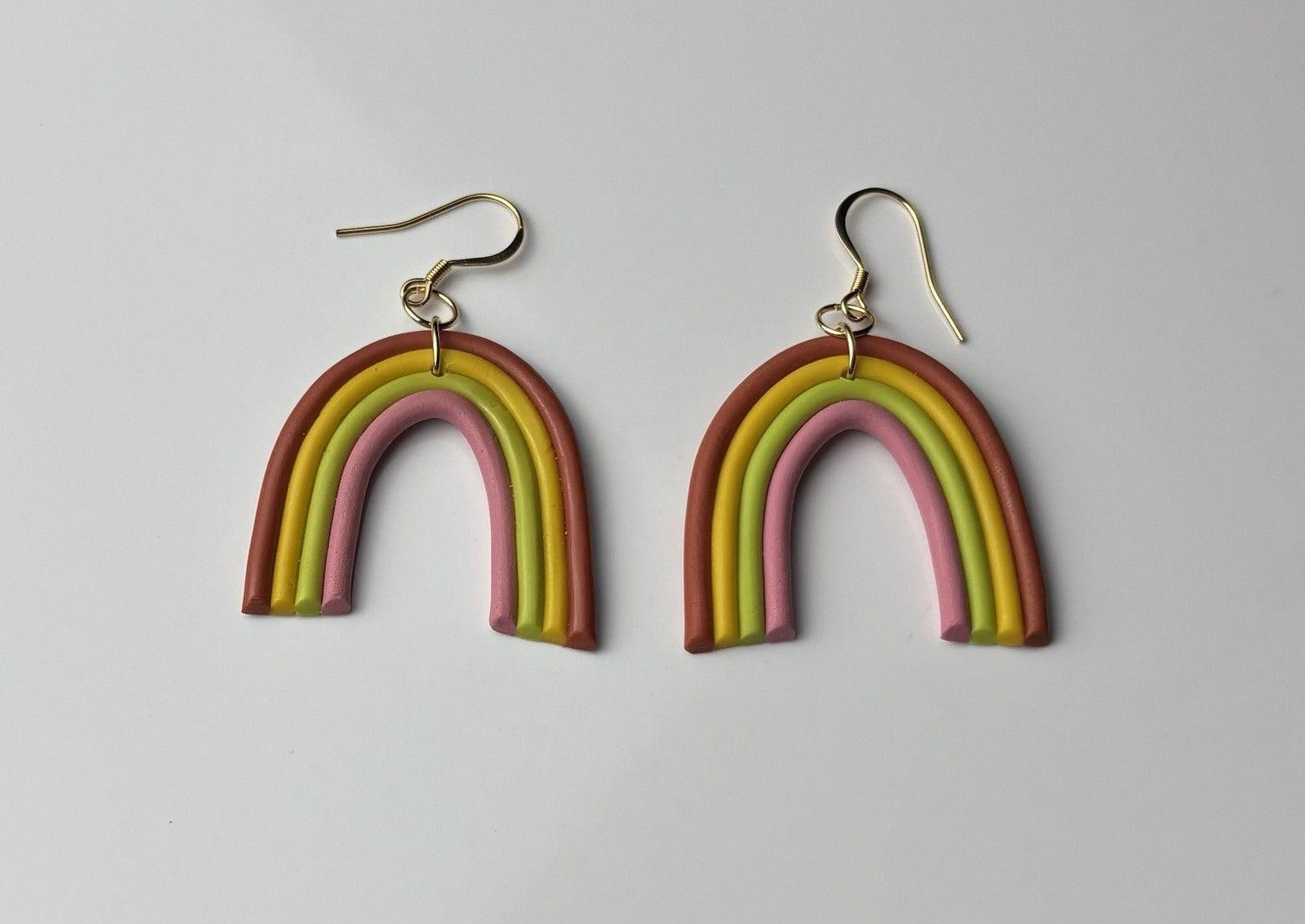 Handmade Polymer Clay Statement Earrings Stainless Steel Rainbow Design