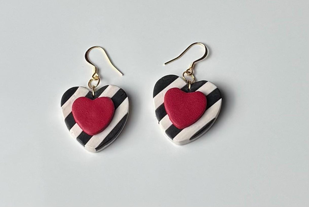 Heart Dangle Earrings Set, Black White Stripes, Red Studs, Polymer Clay Ear Stack