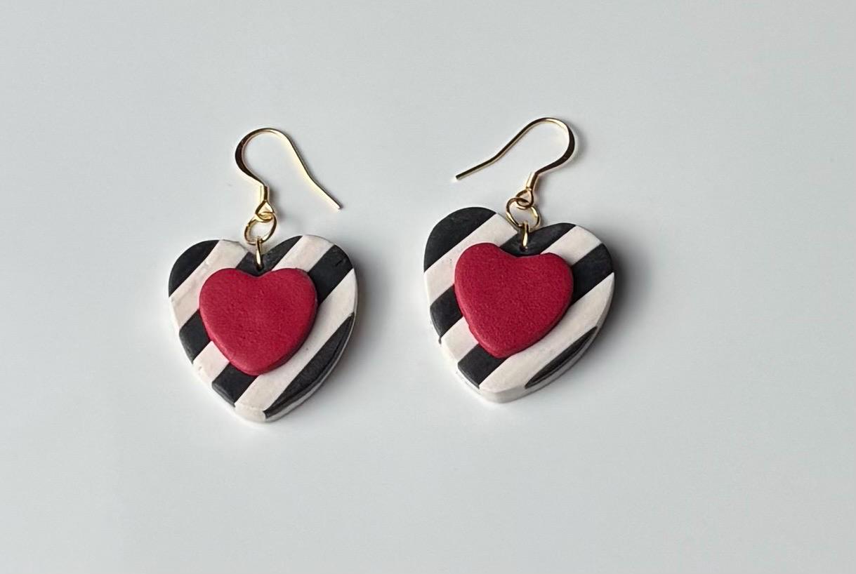 Handmade Polymer Clay Heart Earrings Red Black White Striped Dangle Valentine Day Gift Statement Earrings Stainless Steel Unique Design