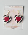 Handmade Polymer Clay Heart Earrings Red Black White Striped Dangle Valentine Day Gift Statement Earrings Stainless Steel Unique Design