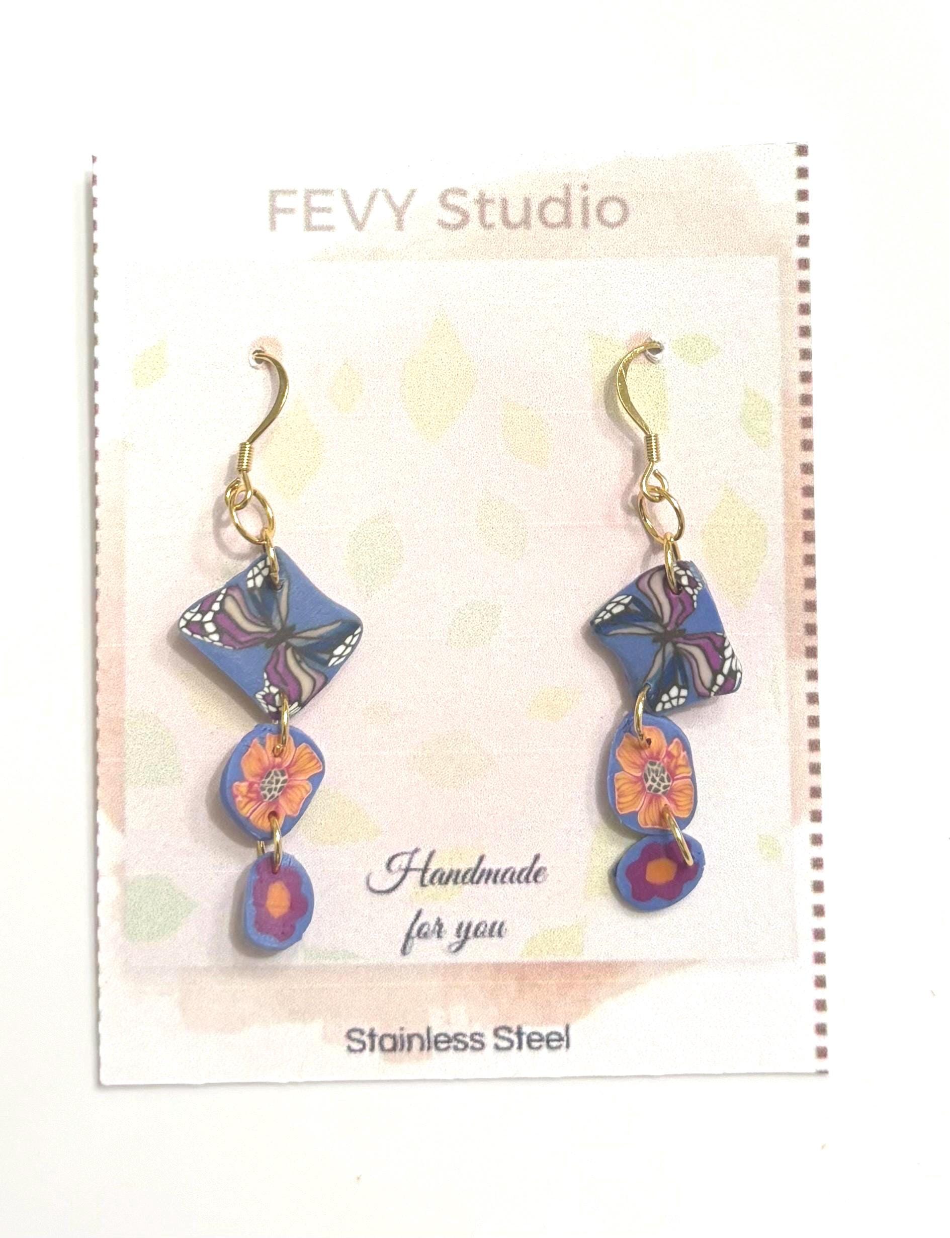 Handmade Polymer Clay Earrings |Colorful Floral Dangle Earrings | Lightweight Statement Jewelry | Stainless Steel Hooks | Floralful Earrings