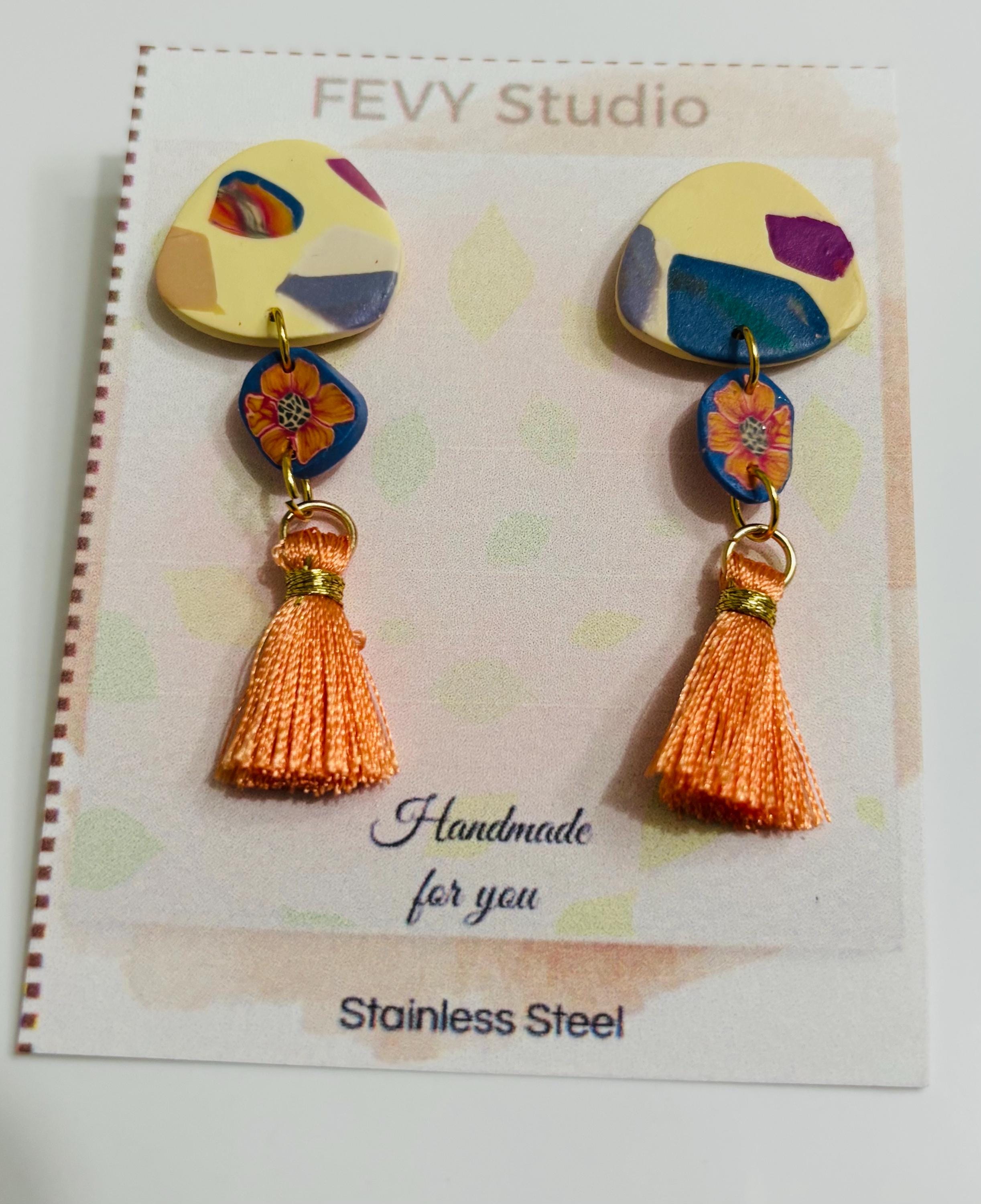 Handmade Polymer Clay Floral Earrings – Stainless Steel Dangle Jewelry