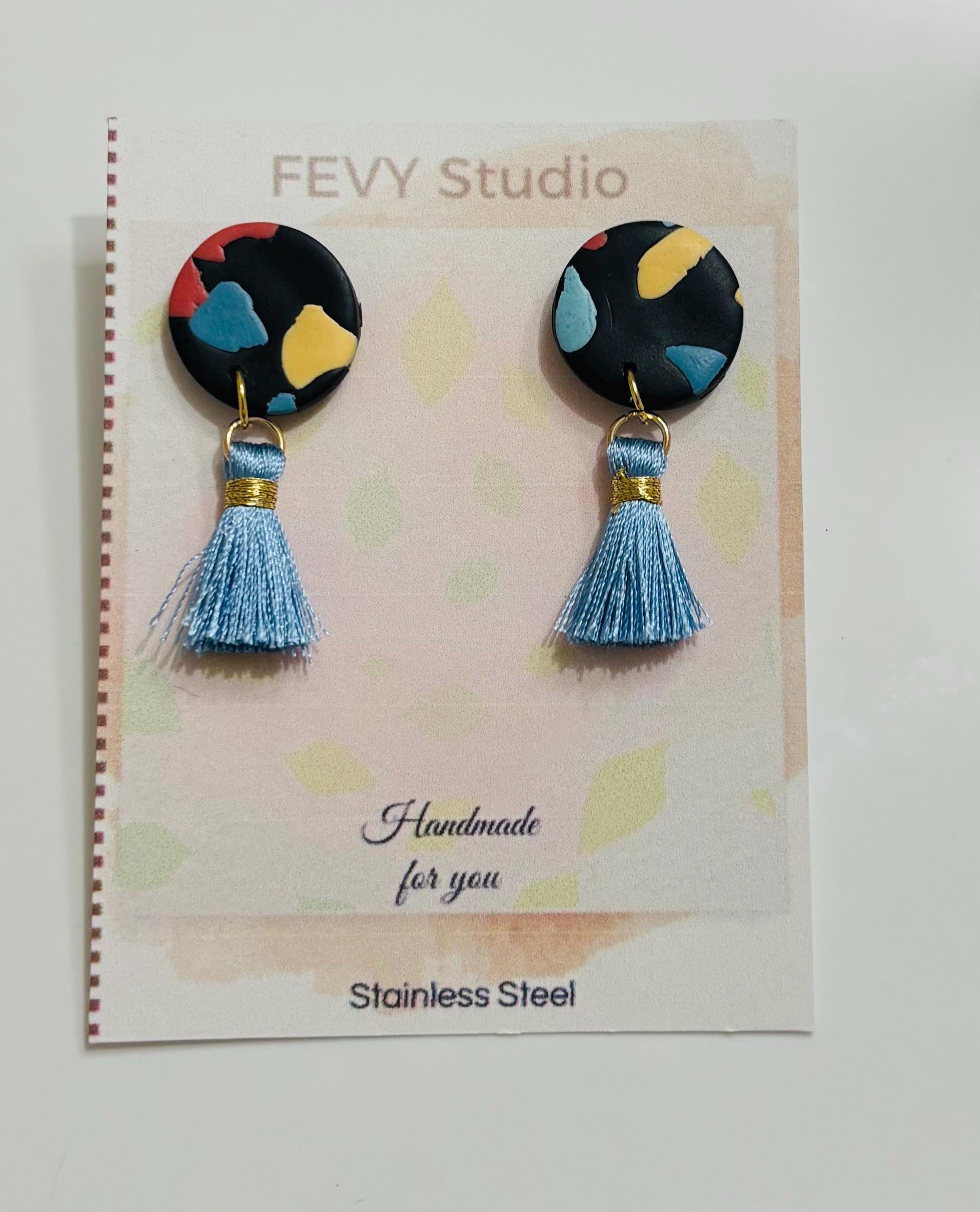 Handmade Polymer Clay Earrings – Abstract Colorful Dangle Earrings with Blue Tassels – Lightweight Statement Jewelry with Stainless Steel Ho
