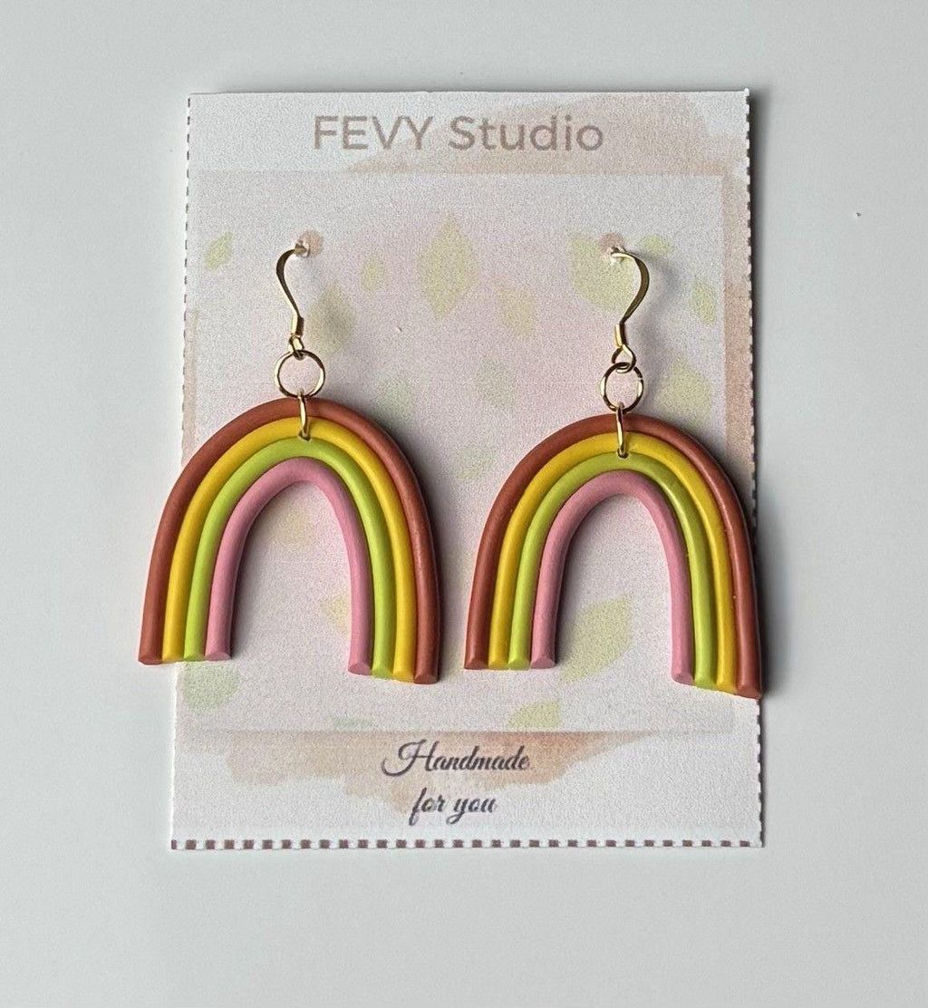 Handmade Polymer Clay Statement Earrings Stainless Steel Rainbow Design