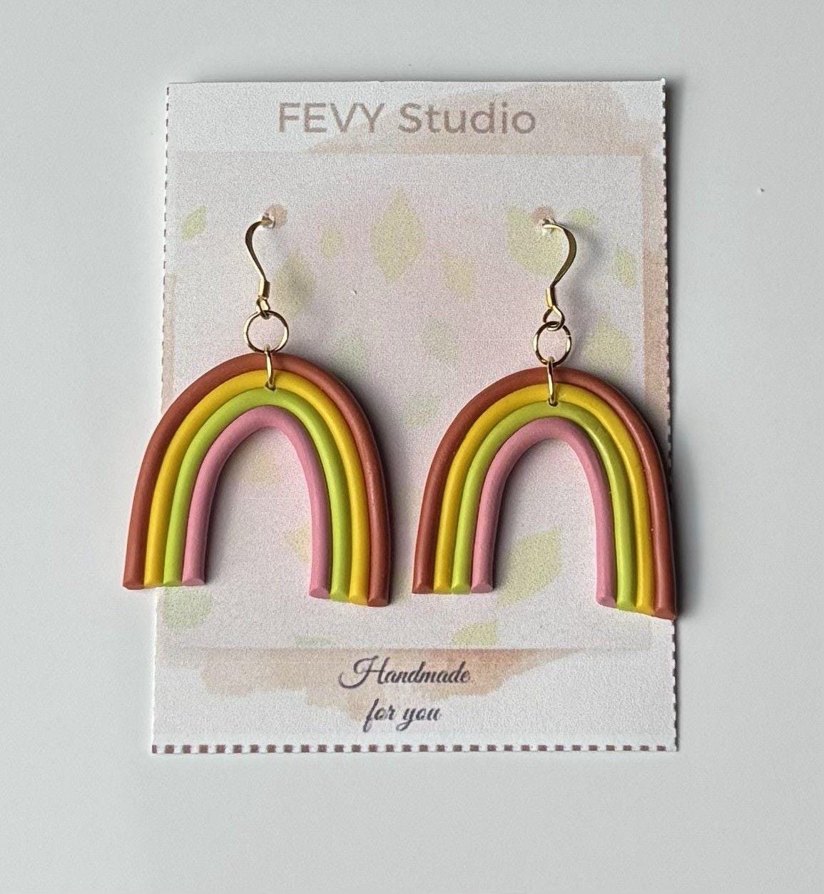 Handmade Polymer Clay Statement Earrings Stainless Steel Rainbow Design
