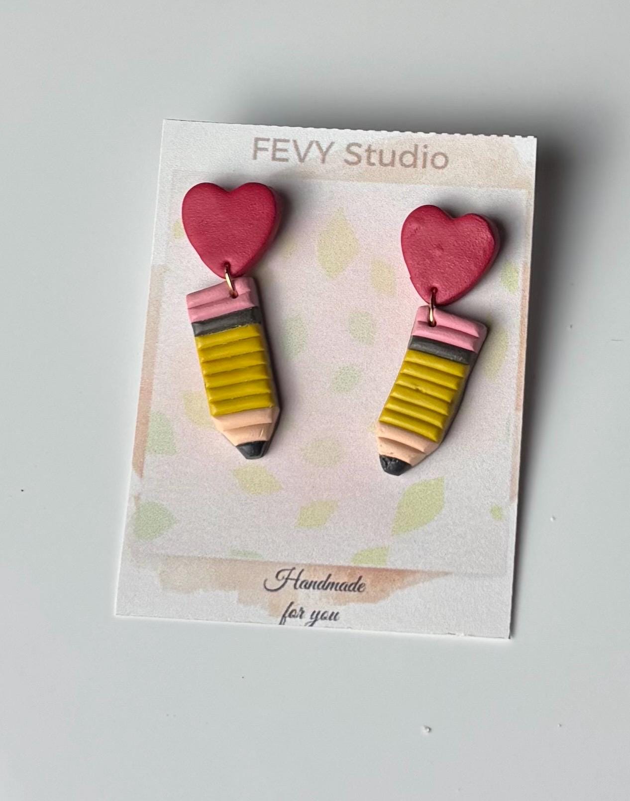 Handmade Polymer Clay Pencil Earrings – Heart Stud, Valentine's Gift