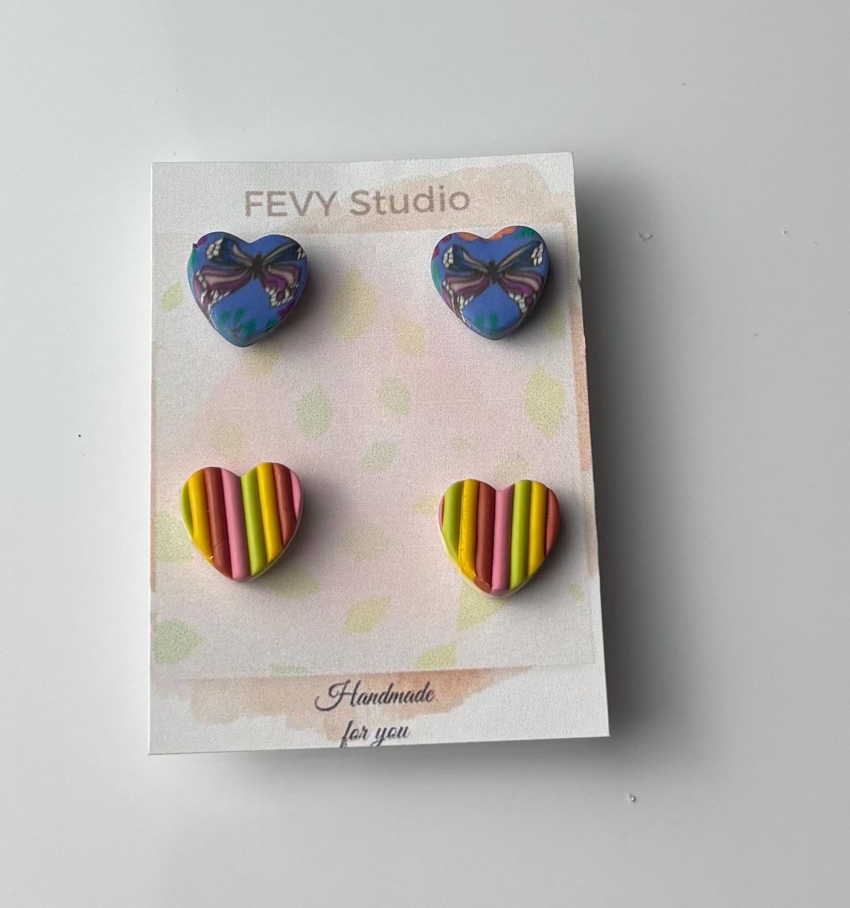 Handmade Polymer Clay Heart Earrings – Butterfly & Rainbow Stripe – Lightweight Statement Jewelry