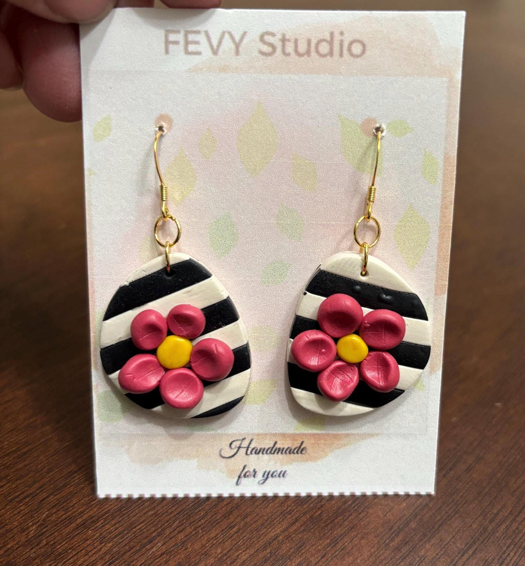 Handmade Floral Stripe Earrings – Polymer Clay Teardrop Dangles – Lightweight Statement Jewelry