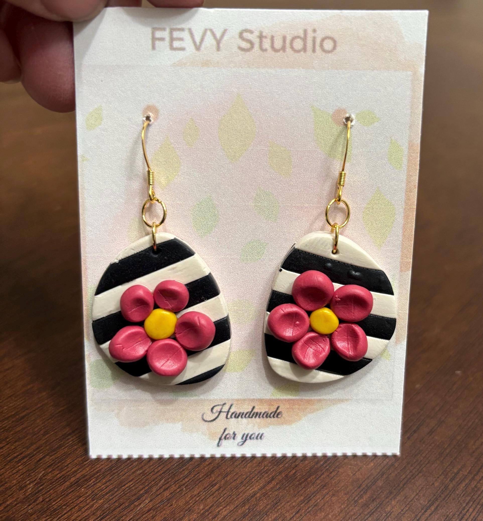 Handmade Floral Stripe Earrings – Polymer Clay Teardrop Dangles – Lightweight Statement Jewelry