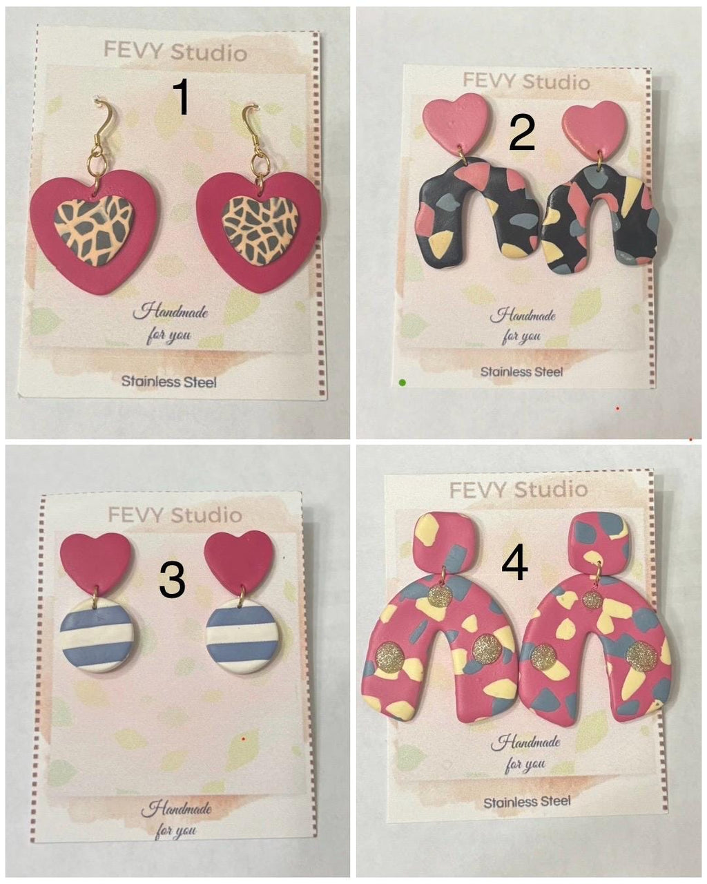 Handmade Polymer Clay Earrings – Heart, Leopard, Striped & Abstract Designs – Lightweight, Hypoallergenic Stainless Steel Jewelry