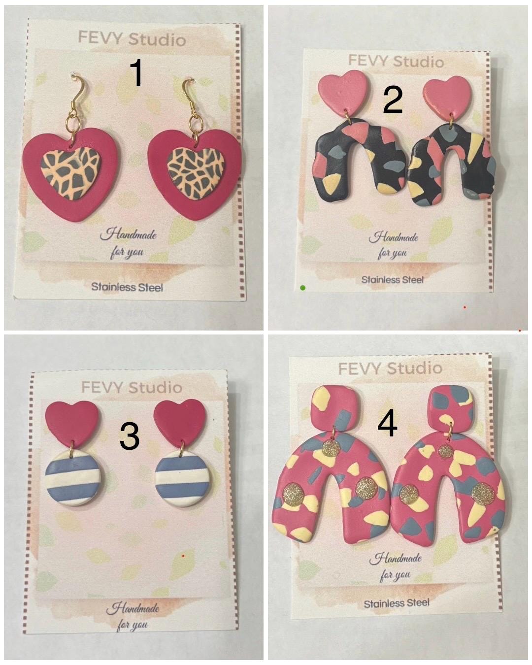 Handmade Polymer Clay Earrings – Heart, Leopard, Striped & Abstract Designs – Lightweight, Hypoallergenic Stainless Steel Jewelry