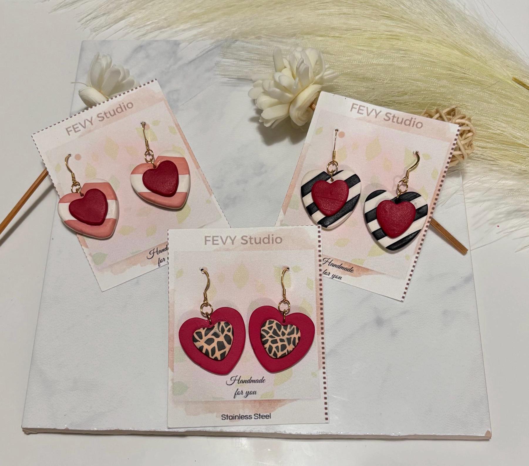 Handmade Clay Heart Dangle Earrings - Pink & Red Heart Dangles - Leopard, Striped Designs - Stainless Steel - Valentines Day Earrings