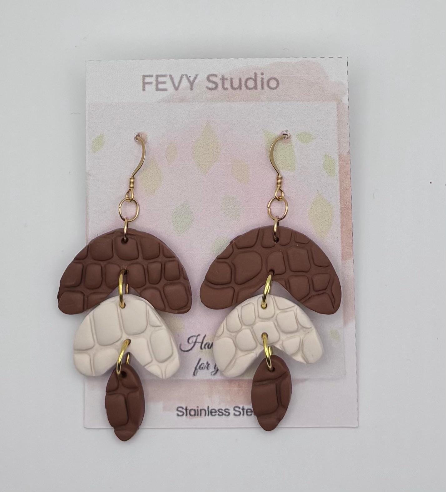 Handmade Textured Polymer Clay Dangle Earrings | Neutral Boho Minimalist Jewelry
