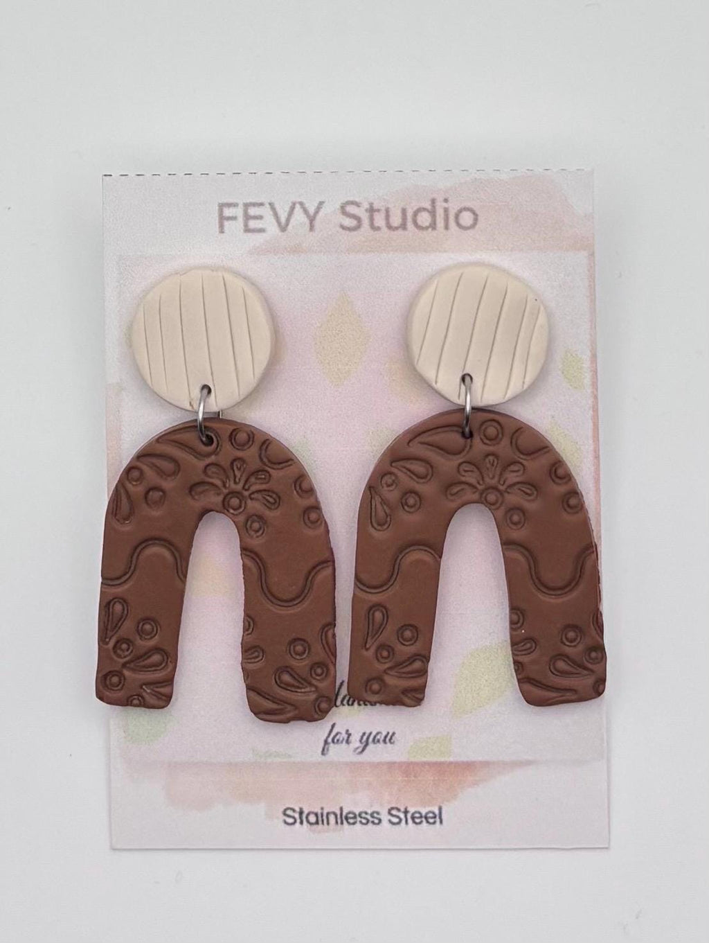 Handmade Textured Polymer Clay Dangle Earrings | Neutral Boho Minimalist Jewelry