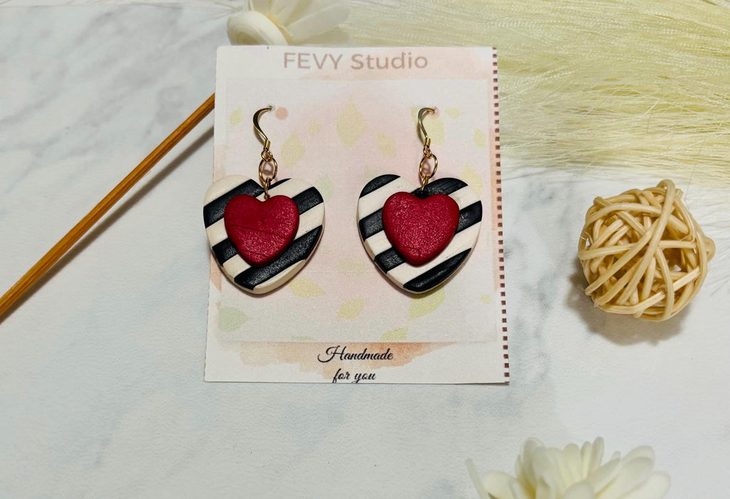 Handmade Clay Heart Dangle Earrings - Pink & Red Heart Dangles - Leopard, Striped Designs - Stainless Steel - Valentines Day Earrings