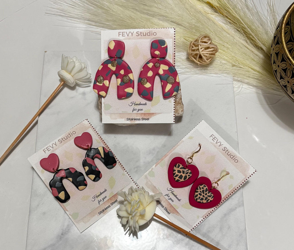 Handmade Polymer Clay Earrings – Heart, Leopard, Striped & Abstract Designs – Lightweight, Hypoallergenic Stainless Steel Jewelry