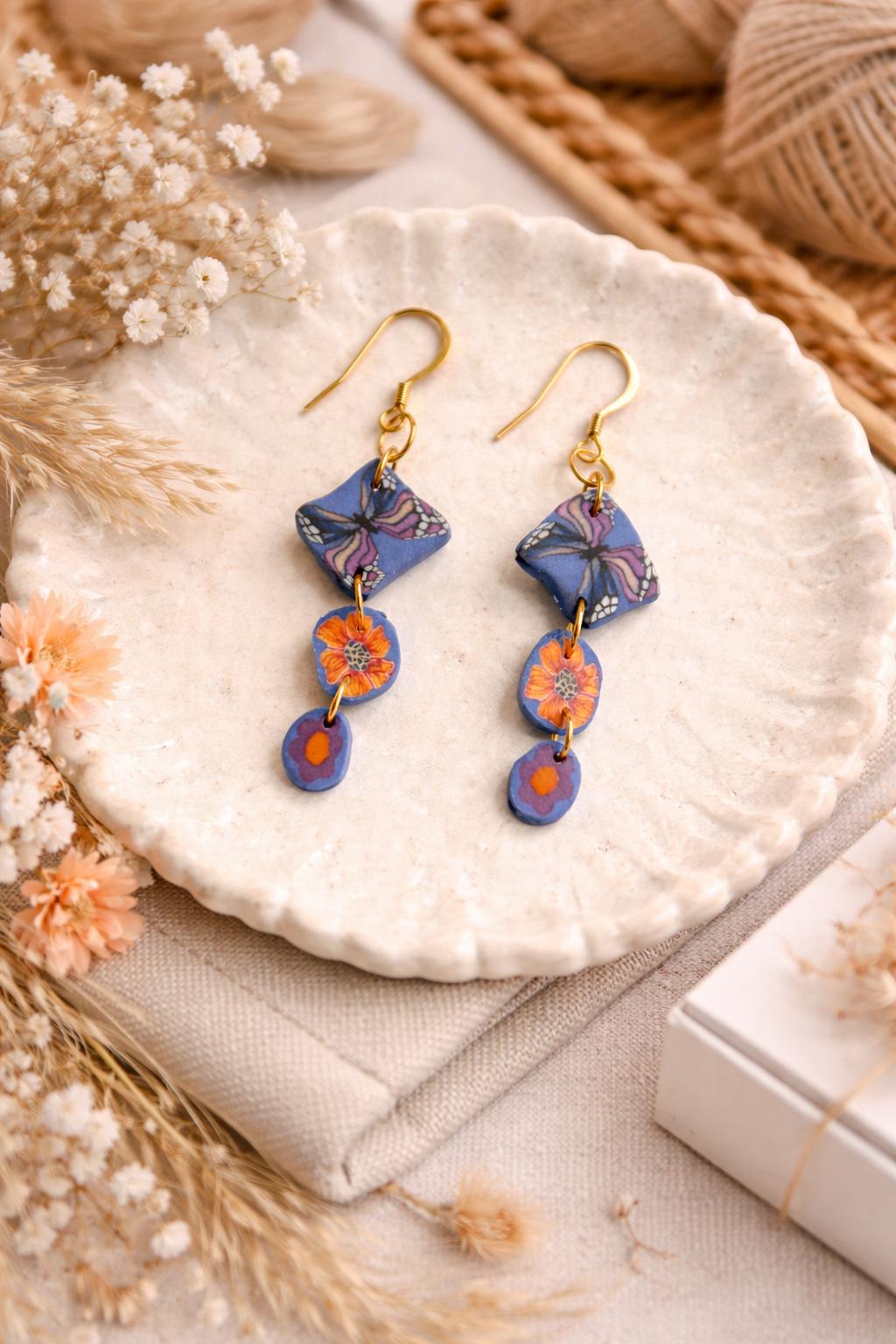 Handmade Polymer Clay Earrings |Colorful Floral Dangle Earrings | Lightweight Statement Jewelry | Stainless Steel Hooks | Floralful Earrings
