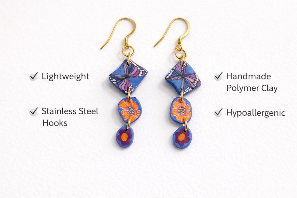 Handmade Polymer Clay Earrings |Colorful Floral Dangle Earrings | Lightweight Statement Jewelry | Stainless Steel Hooks | Floralful Earrings