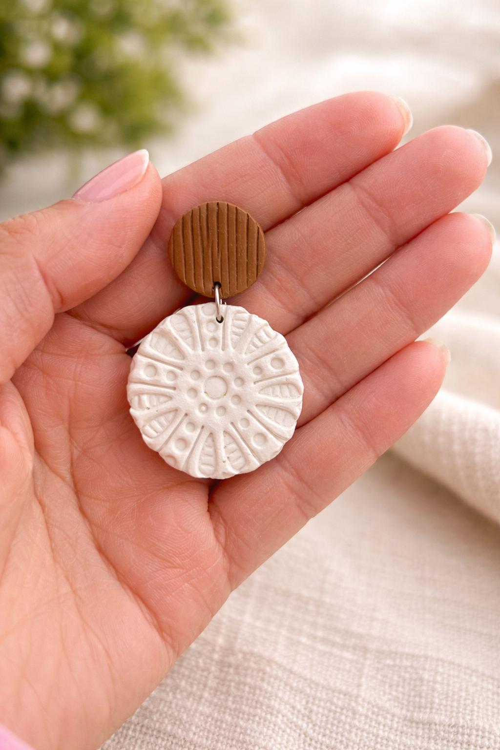Handmade Textured Polymer Clay Dangle Earrings | Neutral Boho Minimalist Jewelry
