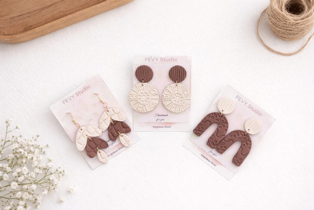 Handmade Textured Polymer Clay Dangle Earrings | Neutral Boho Minimalist Jewelry
