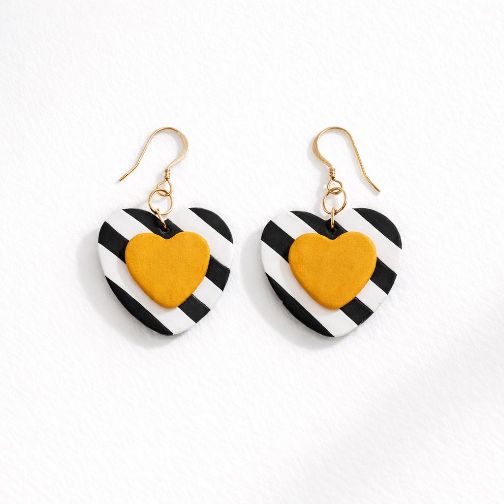 Striped Heart Drop Earrings, Black White Clay Jewelry, Colorful Statement Earrings, Boho Modern Gift for Her, Handmade Polymer Clay Earrings