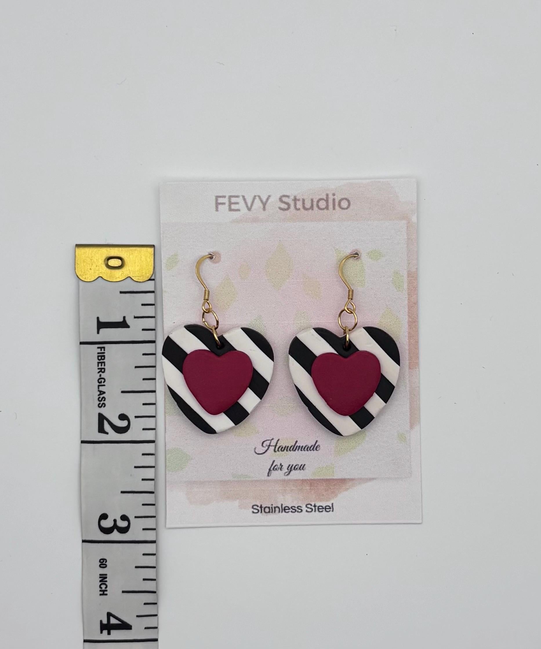 Striped Heart Drop Earrings, Black White Clay Jewelry, Colorful Statement Earrings, Boho Modern Gift for Her, Handmade Polymer Clay Earrings