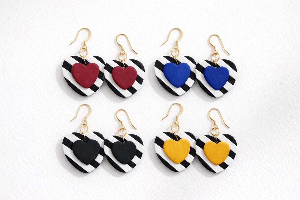 Striped Heart Drop Earrings, Black White Clay Jewelry, Colorful Statement Earrings, Boho Modern Gift for Her, Handmade Polymer Clay Earrings