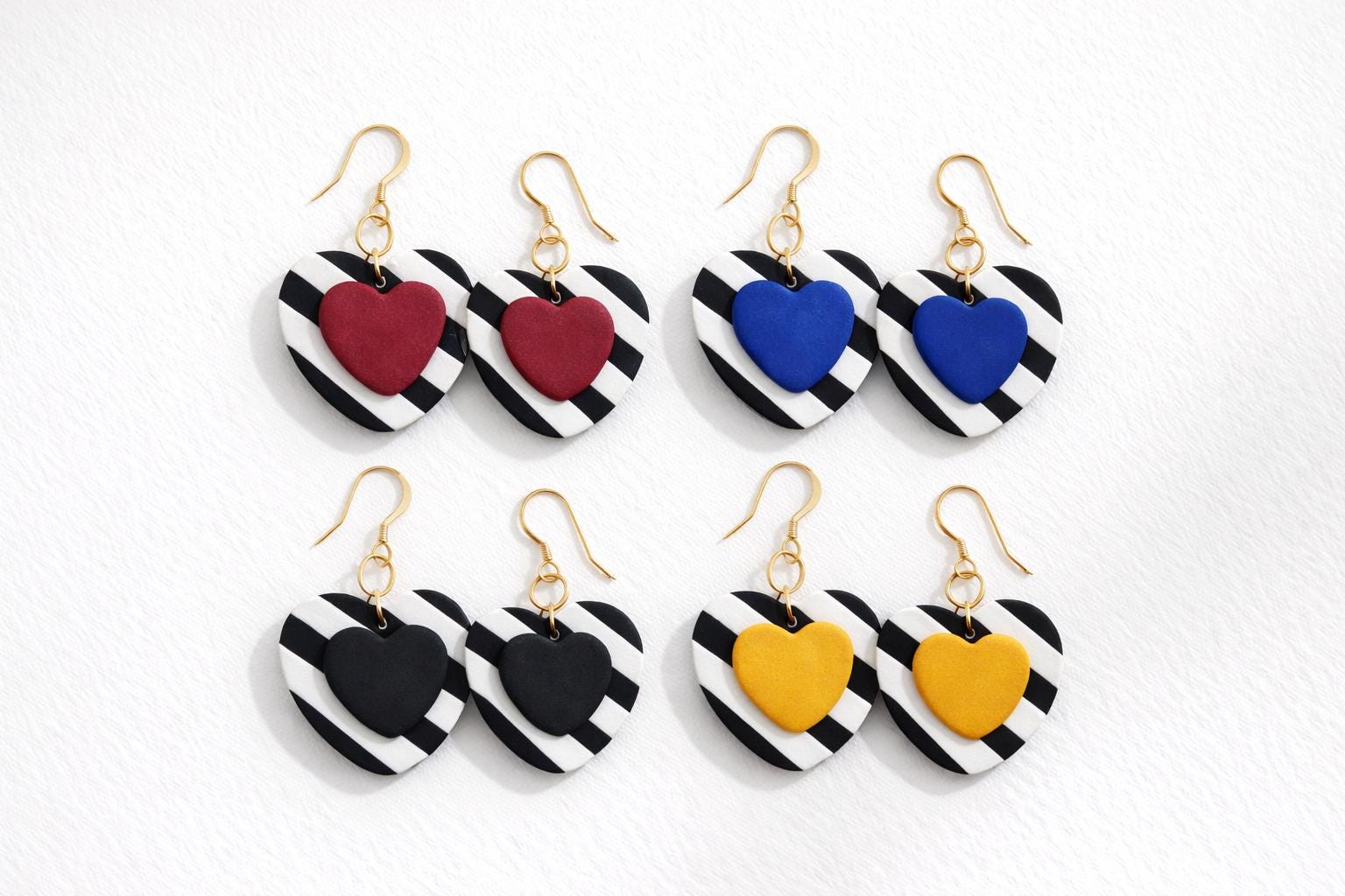 Striped Heart Drop Earrings, Black White Clay Jewelry, Colorful Statement Earrings, Boho Modern Gift for Her, Handmade Polymer Clay Earrings