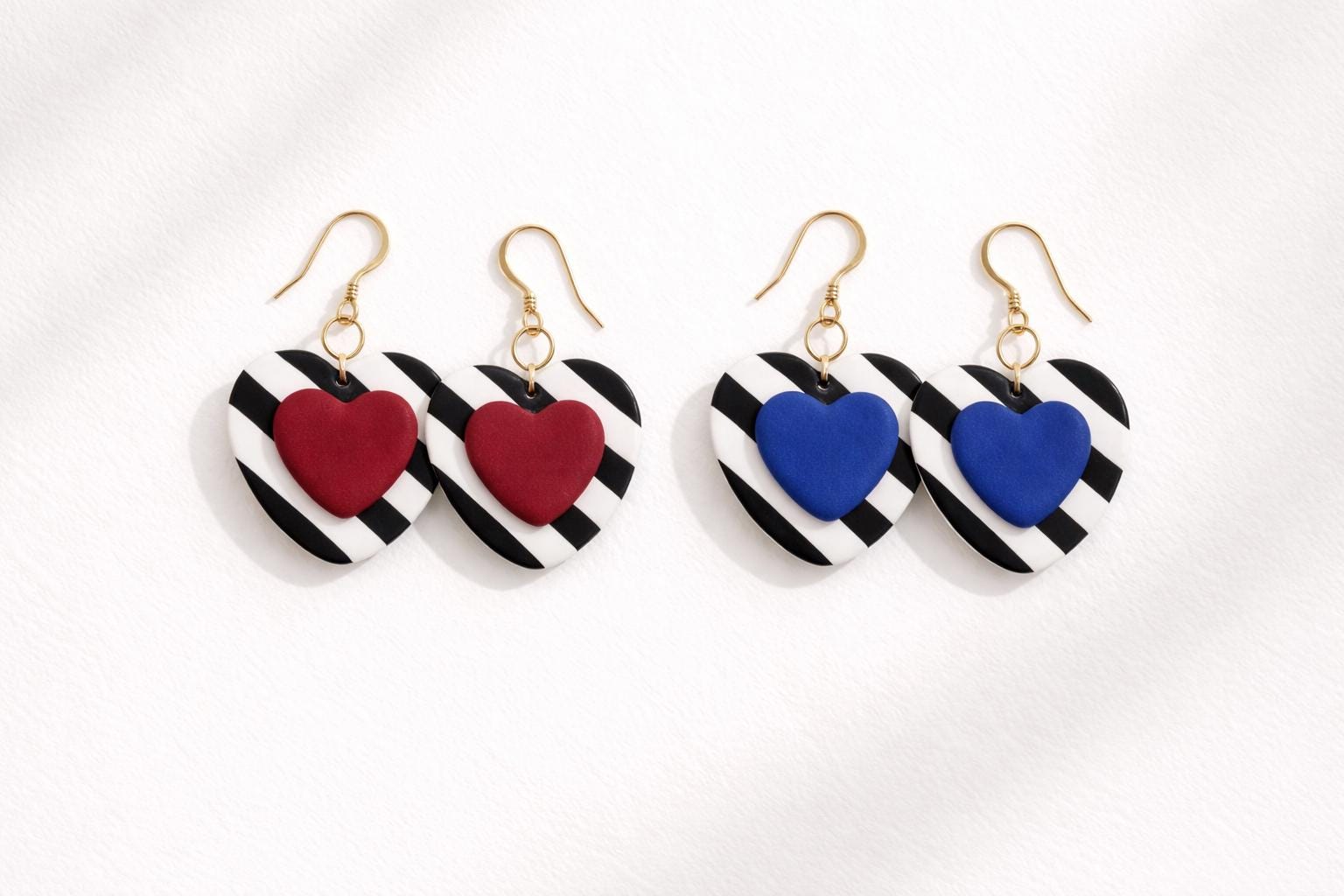 Striped Heart Drop Earrings, Black White Clay Jewelry, Colorful Statement Earrings, Boho Modern Gift for Her, Handmade Polymer Clay Earrings