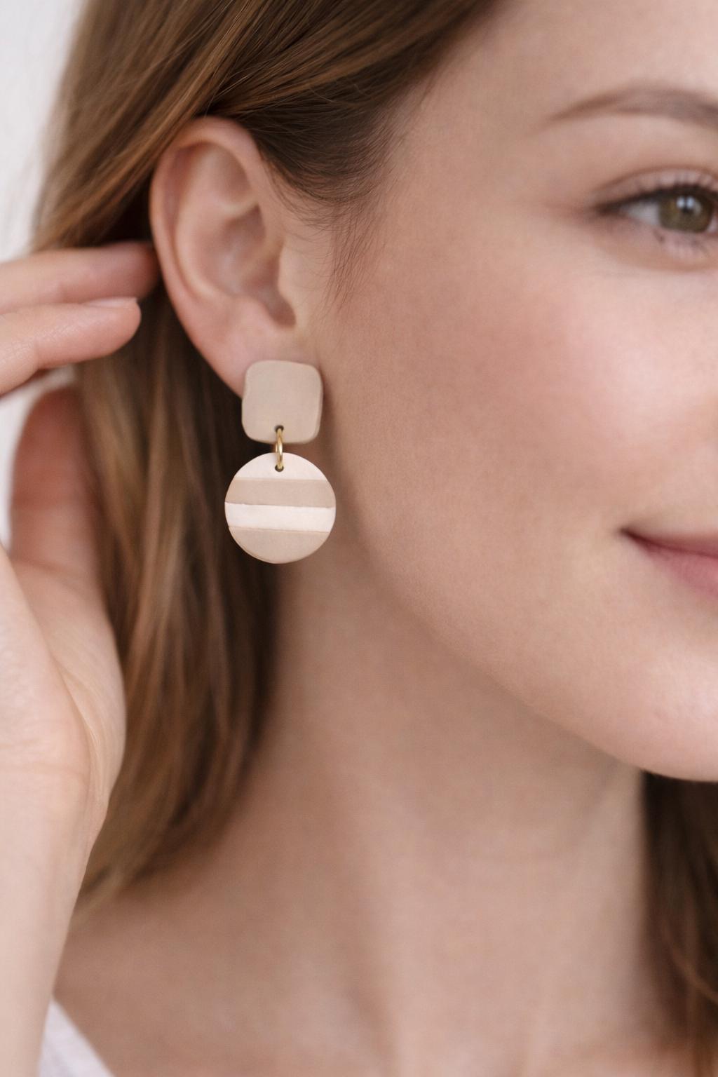 Minimalist Beige Striped Dangle Earrings • Classic Everyday Jewelry • Neutral Boho Chic Gift • Timeless Lightweight Earrings
