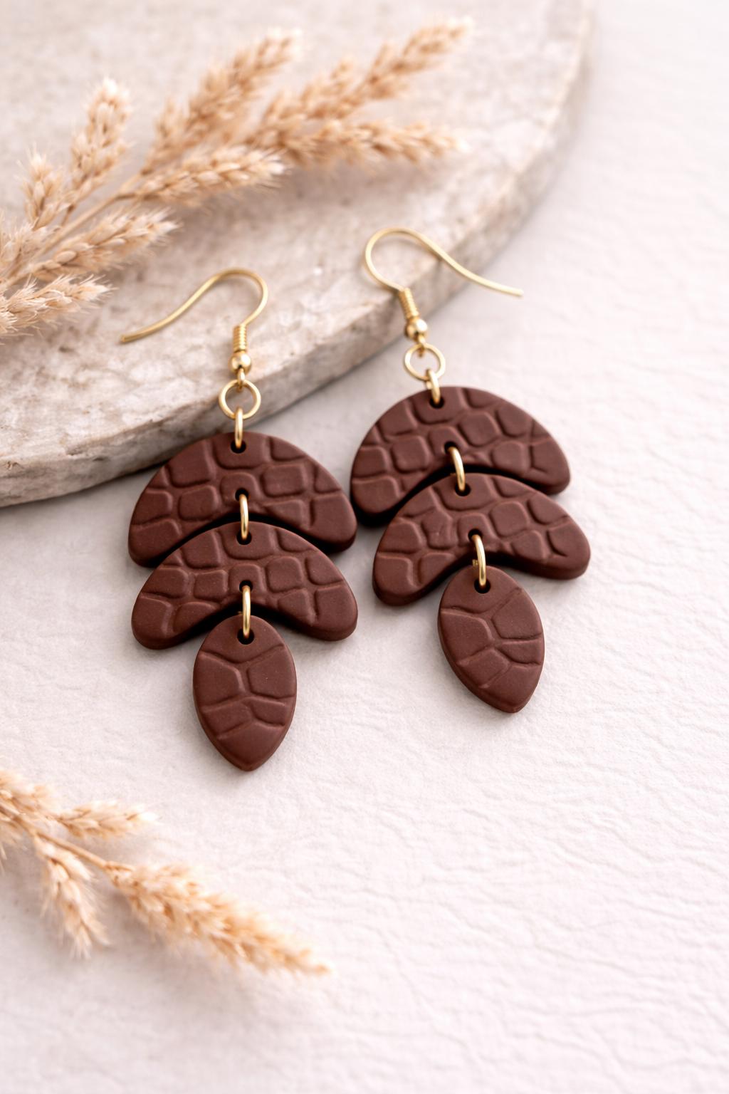 Dark Brown Polymer Clay Earrings – Lightweight Statement Dangle Earrings for Women, Handmade Boho Jewelry, Chocolate Minimal Gift