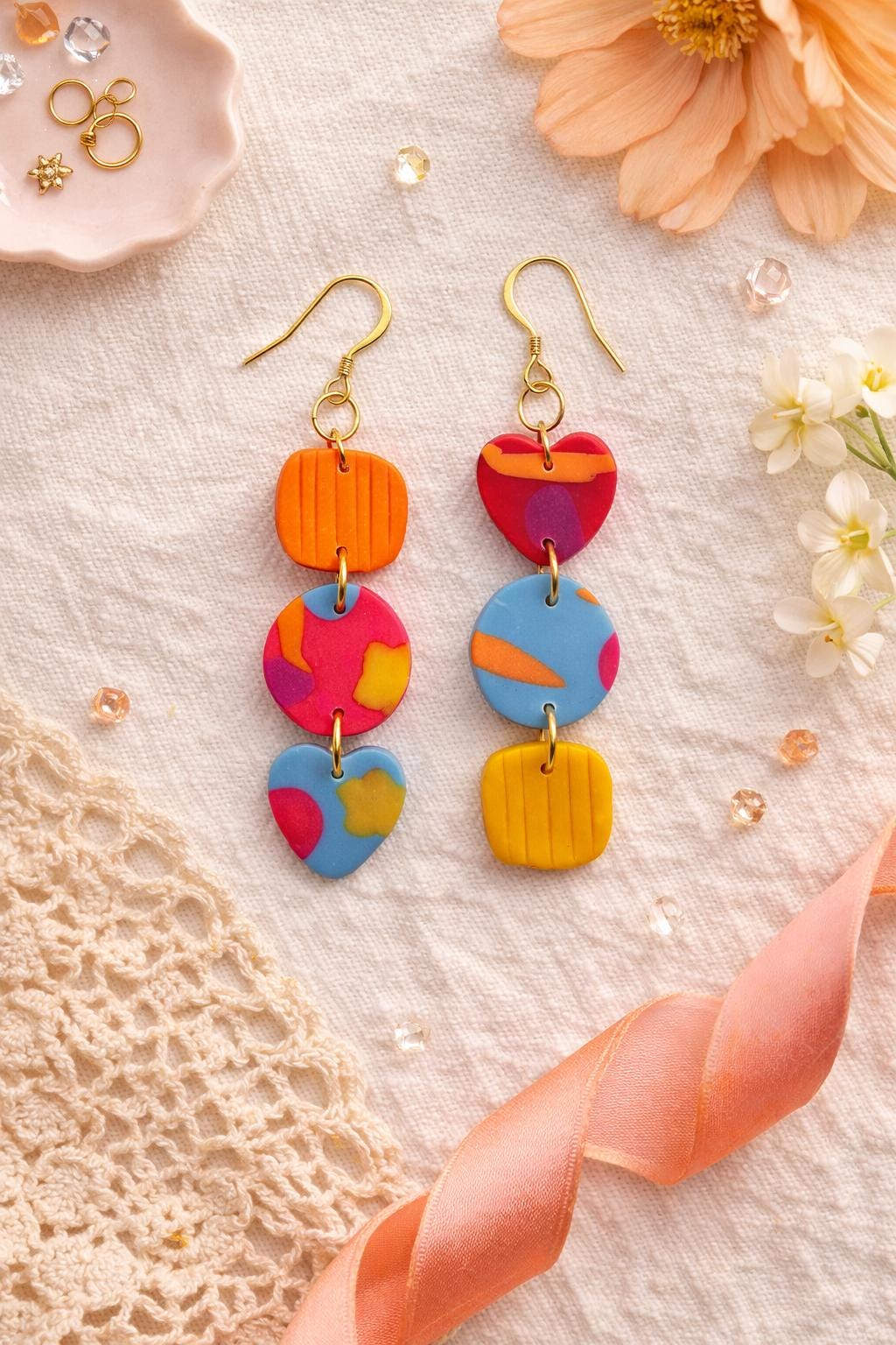 Colorful Boho Statement Earrings | Handmade Polymer Clay Dangle Hooks