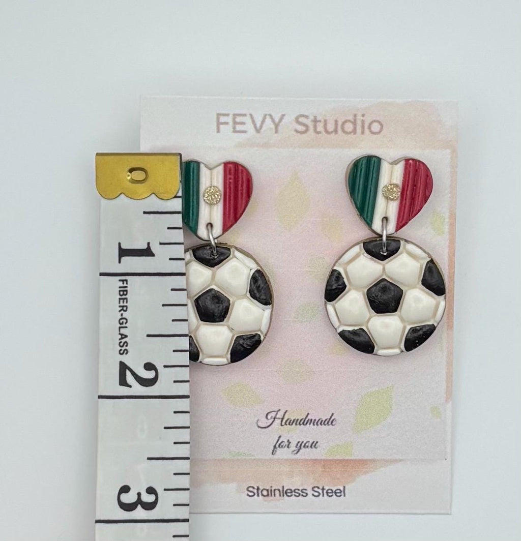Mexican Flag Heart Soccer Ball Earrings, Handmade Polymer Clay Sports Jewelry