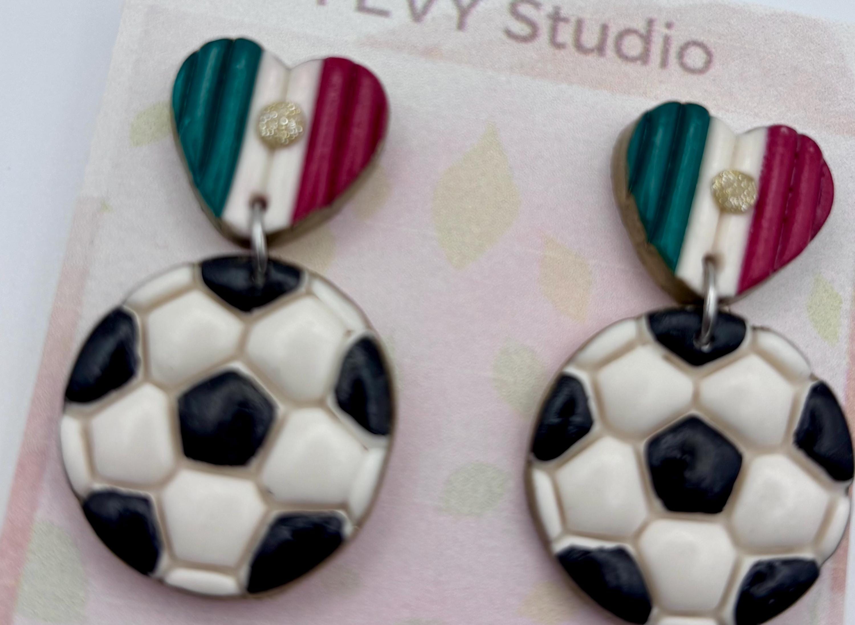 Mexican Flag Heart Soccer Ball Earrings, Handmade Polymer Clay Sports Jewelry