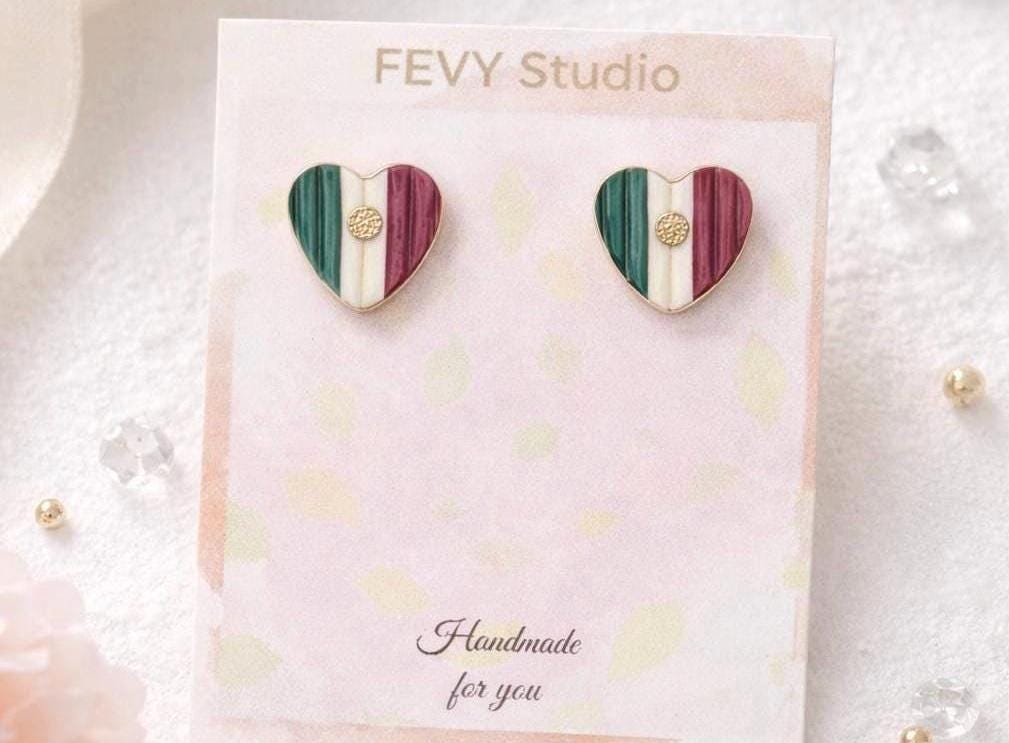 Mexico Flag Heart Earrings – Handmade Polymer Clay Studs – Stainless Steel Posts – Patriotic Gift for Women – Mexican Jewelry