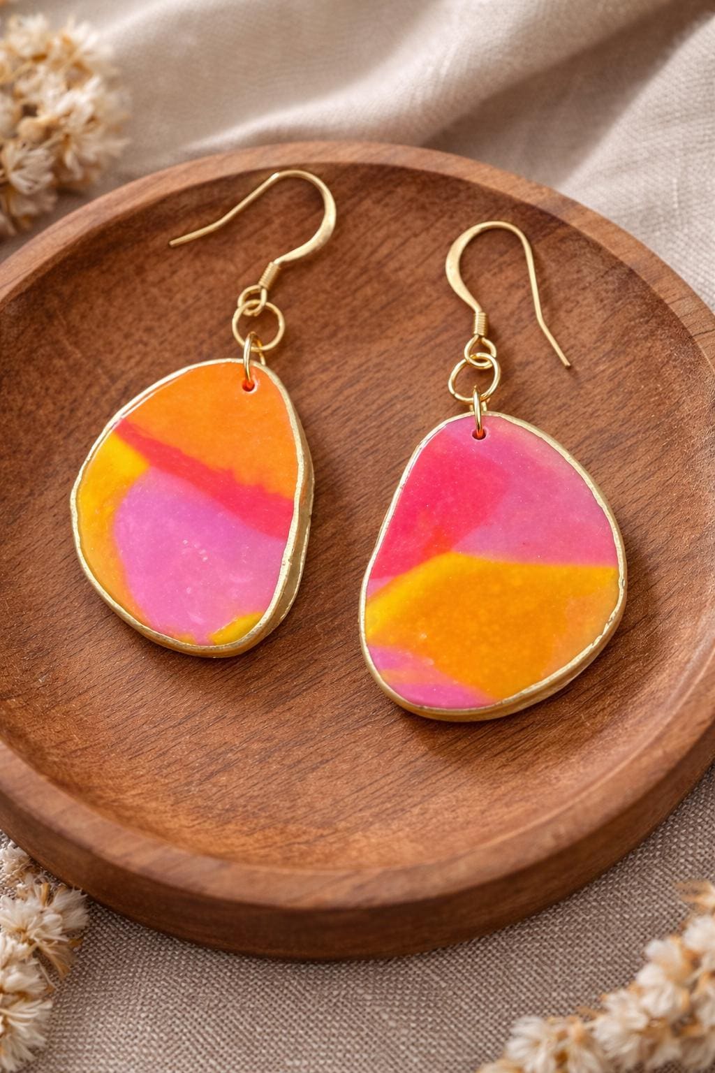 Colorful Polymer Clay Statement Earrings – 18K Gold Plated Hooks, Lightweight Boho Style
